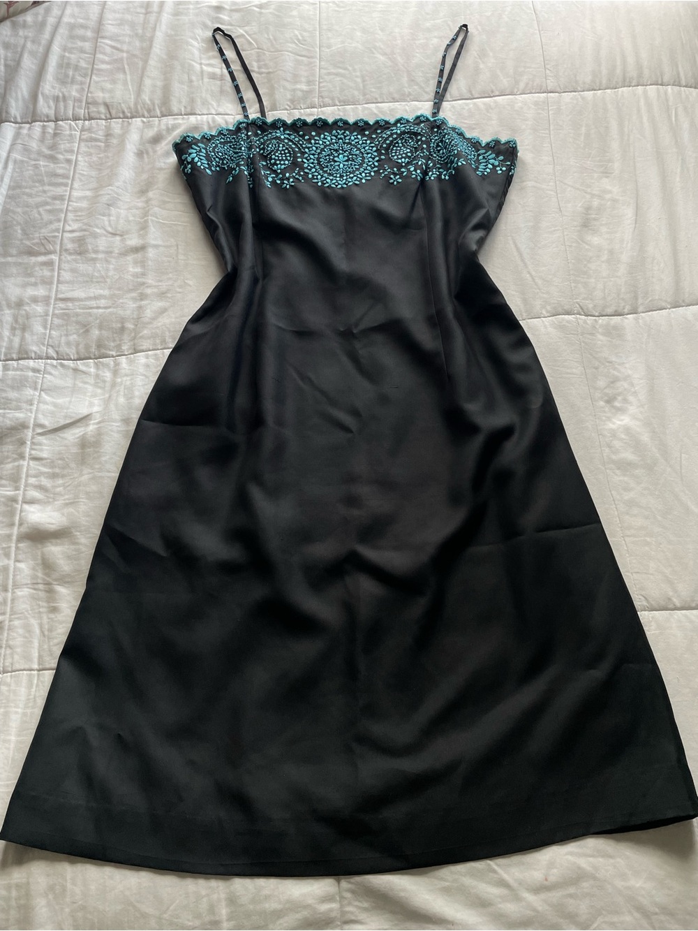 Vintage‎ Ann Taylor Black Silk Blue Beaded Trim Midi Dress 12 Formal Whimsigoth